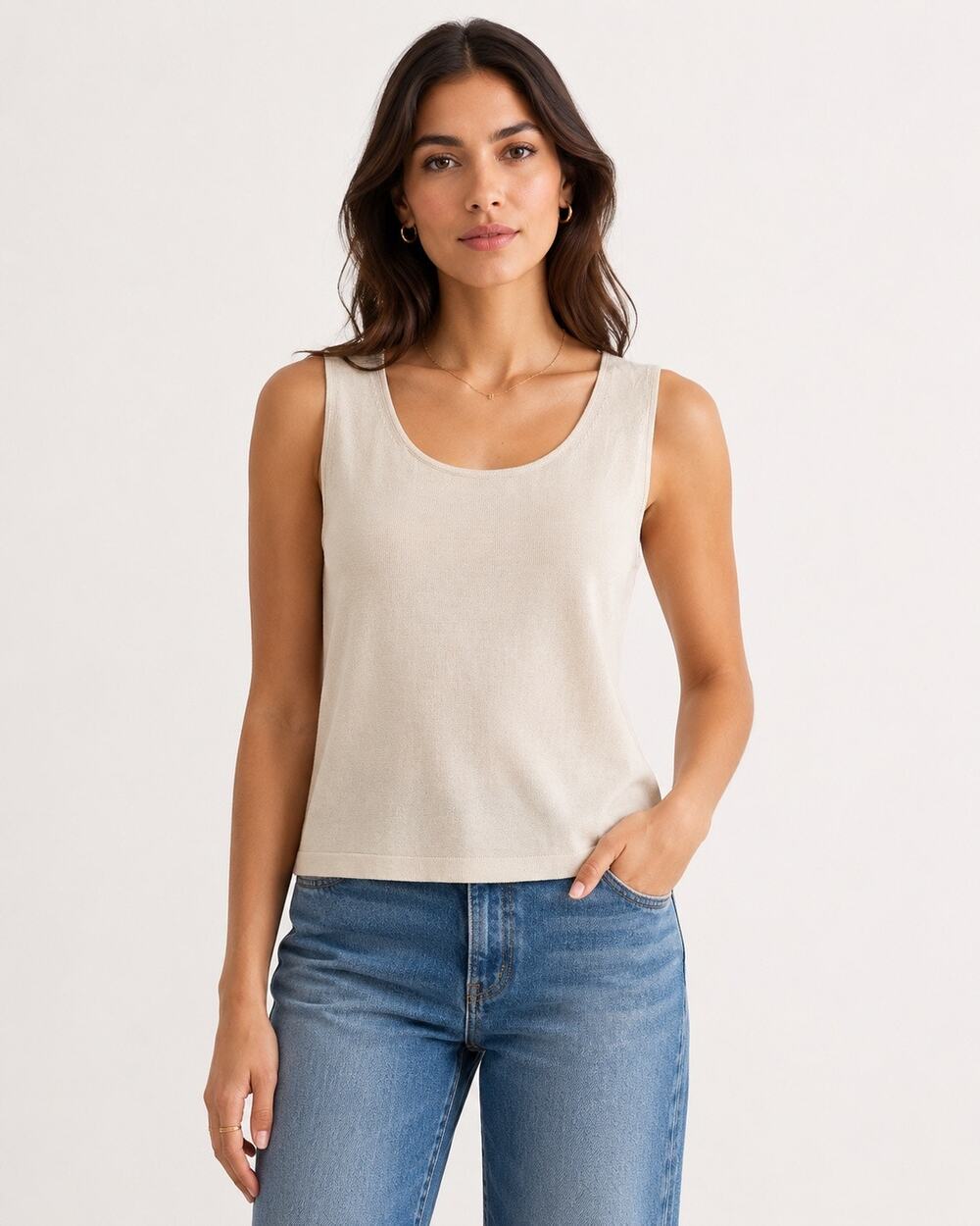 Quiet Luxury Fine Knit Scoop Neck Shell Tank Lafayette 148 Petite Oat Beige SP